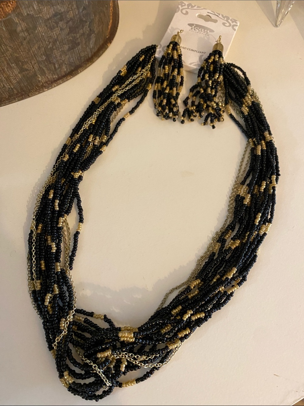 Icon Collection Black and Gold Multi-Strand Beaded Necklace w/ Tassel Earrings